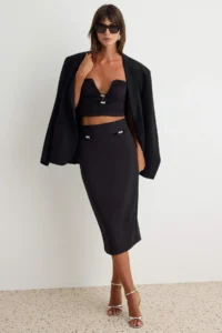 TRENDYOLMİLLA Black Accessory Detailed Blouse Skirt Weaving Bottom - Top Set