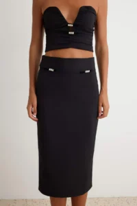 TRENDYOLMİLLA Black Accessory Detailed Blouse Skirt Weaving Bottom - Top Set - Image 3