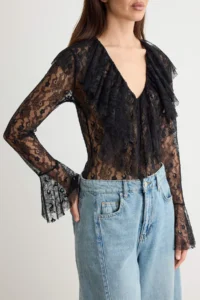 TRENDYOLMİLLA Black V-neck with flywheel Bohem Lace Bodysuit .D.00014 - Image 3