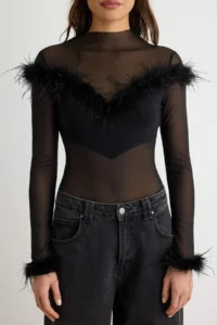 TRENDYOLMİLLA Black Long Sleeve Feather Semi-Transparent Tulle Bodysuit .D.00031 - Image 3