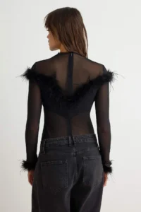 TRENDYOLMİLLA Black Long Sleeve Feather Semi-Transparent Tulle Bodysuit .D.00031 - Image 4