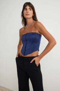 TRENDYOLMİLLA NAVY BLUE Jacquard Agraf Detailed Corset Bustier - Image 3