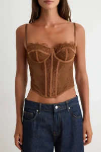 TRENDYOLMİLLA Brown underwire Bedene Oturan Narrow Pattern Lace Bustier - Image 3