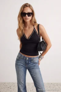 TRENDYOLMİLLA Black Off-Shoulder Neck Studded Shiny Party Blouse