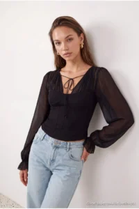 TRENDYOLMİLLA Black Shirred Collar Detailed Party Blouse - Image 2