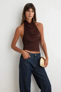 TRENDYOLMİLLA Brown Drapeli Bedene Oturan Party Blouse