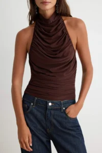 TRENDYOLMİLLA Brown Drapeli Bedene Oturan Party Blouse - Image 3
