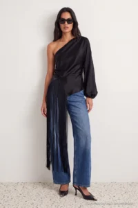 TRENDYOLMİLLA Black Asymmetric Collar removable Tassel Arched Satin Blouse - Image 2