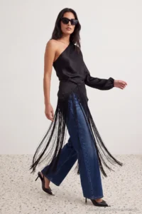 TRENDYOLMİLLA Black Asymmetric Collar removable Tassel Arched Satin Blouse - Image 3
