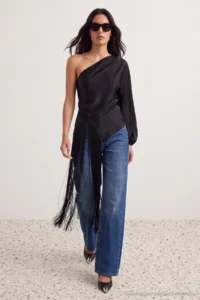 TRENDYOLMİLLA Black Asymmetric Collar removable Tassel Arched Satin Blouse - Image 5