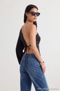 TRENDYOLMİLLA Black Asymmetric Collar removable Tassel Arched Satin Blouse - Image 6
