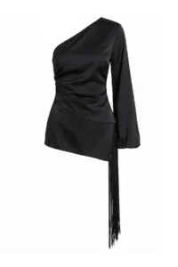 TRENDYOLMİLLA Black Asymmetric Collar removable Tassel Arched Satin Blouse - Image 7