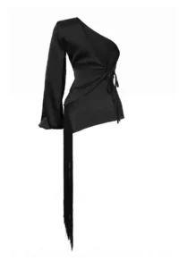 TRENDYOLMİLLA Black Asymmetric Collar removable Tassel Arched Satin Blouse - Image 9