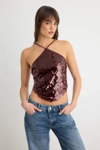 TRENDYOLMİLLA Burgundy Asymmetric Collar Large Sequin Blouse