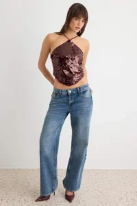 TRENDYOLMİLLA Burgundy Asymmetric Collar Large Sequin Blouse - Image 2
