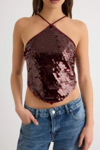 TRENDYOLMİLLA Burgundy Asymmetric Collar Large Sequin Blouse - Image 3