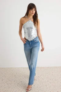 TRENDYOLMİLLA Silver Asymmetric Collar Large Sequin Blouse - Image 2