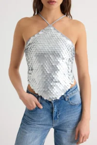 TRENDYOLMİLLA Silver Asymmetric Collar Large Sequin Blouse - Image 3