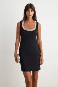 TRENDYOLMİLLA Black Collar Stone Detailed shift/Plain Cut Short / Mini Weaving Dress