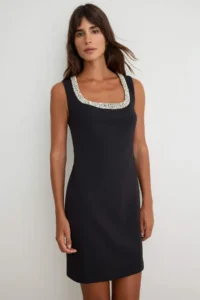 TRENDYOLMİLLA Black Collar Stone Detailed shift/Plain Cut Short / Mini Weaving Dress - Image 2