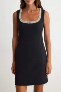 TRENDYOLMİLLA Black Collar Stone Detailed shift/Plain Cut Short / Mini Weaving Dress - Image 4