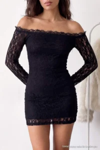 TRENDYOLMİLLA Black Carmen Collar bodycone/Bodysuit hugging Short / Mini Weaving Lace Dress