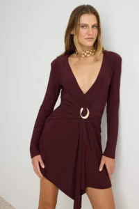 TRENDYOLMİLLA Brown with accessories skater/Belden Flared Short / Mini Knitting Dress - Image 2
