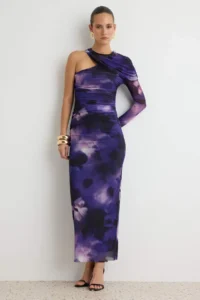 TRENDYOLMİLLA Purple-Multicolored Abstract flower patterned Single Arm shift/Plain Cut Maxi Knitting Tulle Dress