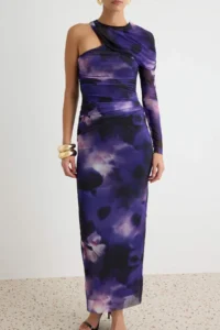 TRENDYOLMİLLA Purple-Multicolored Abstract flower patterned Single Arm shift/Plain Cut Maxi Knitting Tulle Dress - Image 3