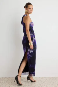 TRENDYOLMİLLA Purple-Multicolored Abstract flower patterned Single Arm shift/Plain Cut Maxi Knitting Tulle Dress - Image 4