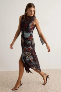TRENDYOLMİLLA Brown Scarf Detailed Abstract Patterned A-Cut/Life Form Midi Knitting Tulle Party Dress - Image 2