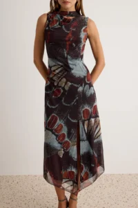 TRENDYOLMİLLA Brown Scarf Detailed Abstract Patterned A-Cut/Life Form Midi Knitting Tulle Party Dress - Image 3