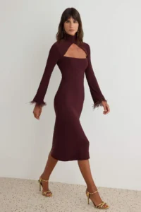 TRENDYOLMİLLA Dark Brown Collar Cut Out Detailed shift/Plain Cut Midi Knitting Dress