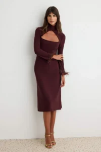 TRENDYOLMİLLA Dark Brown Collar Cut Out Detailed shift/Plain Cut Midi Knitting Dress - Image 2