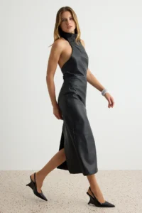 TRENDYOLMİLLA Black Low-cut back Halter Neck shift Midi Faux Leather Weaving Dress - Image 2