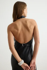 TRENDYOLMİLLA Black Low-cut back Halter Neck shift Midi Faux Leather Weaving Dress - Image 3