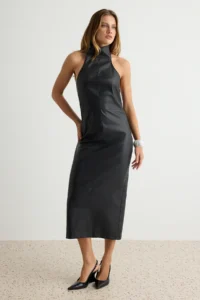 TRENDYOLMİLLA Black Low-cut back Halter Neck shift Midi Faux Leather Weaving Dress - Image 4