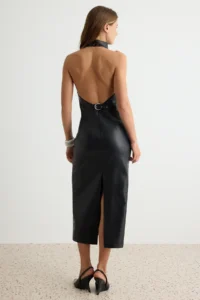 TRENDYOLMİLLA Black Low-cut back Halter Neck shift Midi Faux Leather Weaving Dress - Image 5