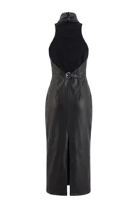 TRENDYOLMİLLA Black Low-cut back Halter Neck shift Midi Faux Leather Weaving Dress - Image 8