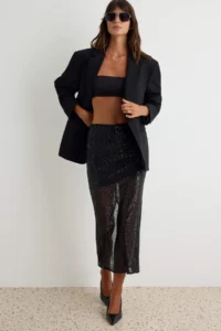 TRENDYOLMİLLA Black Slit Detailed Midi Sequin Skirt