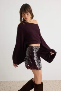 TRENDYOLMİLLA Brown Short/Mini Large sequined Skirt