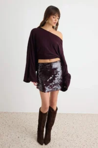 TRENDYOLMİLLA Brown Short/Mini Large sequined Skirt - Image 2