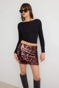 TRENDYOLMİLLA Burgundy Short/Mini Large sequined Skirt
