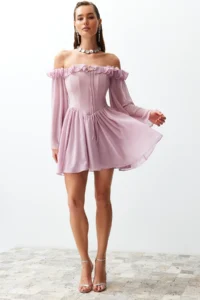 TRENDYOLMİLLA Dusty ROSE A-Cut with flywheel Boho Weaving Siphon Short Evening Gown Gece Graduation Dress - Image 3