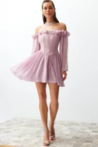 TRENDYOLMİLLA Dusty ROSE A-Cut with flywheel Boho Weaving Siphon Short Evening Gown Gece Graduation Dress - Image 4