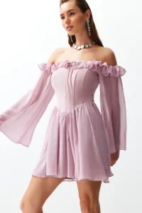 TRENDYOLMİLLA Dusty ROSE A-Cut with flywheel Boho Weaving Siphon Short Evening Gown Gece Graduation Dress - Image 5