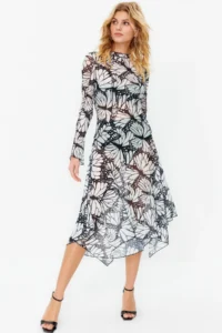 TRENDYOLMİLLA Multicolored A-Cut Unlined Knitting Tulle Chic Evening Gown Dress - Image 3