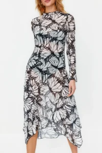 TRENDYOLMİLLA Multicolored A-Cut Unlined Knitting Tulle Chic Evening Gown Dress - Image 5