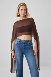 TRENDYOLMİLLA Brown Asymmetric Cut Unlined Siphon Pelerin Party Blouse - Image 2