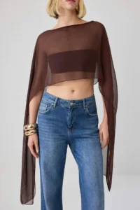 TRENDYOLMİLLA Brown Asymmetric Cut Unlined Siphon Pelerin Party Blouse - Image 3